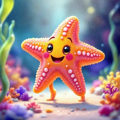 The primary subject of the image is a cartoon starfish, which is the main object, scene, or focus of the image. The setting/background features a colorful underwater environment, with a variety of sea creatures and plants. The visual style of the image is digital art, as it is a well-crafted and detailed illustration. The colors and mood of the image are vibrant and cheerful, with a predominantly orange and pink color scheme that gives the impression of a sunny day in the